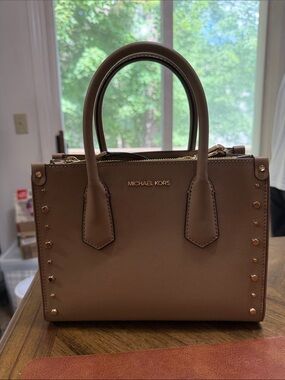 Michael Kors Taupe Saffiano Leather Satchel with Gold Studs